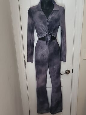 Tie-Front Long Sleeve Jumpsuit in Slate Gray